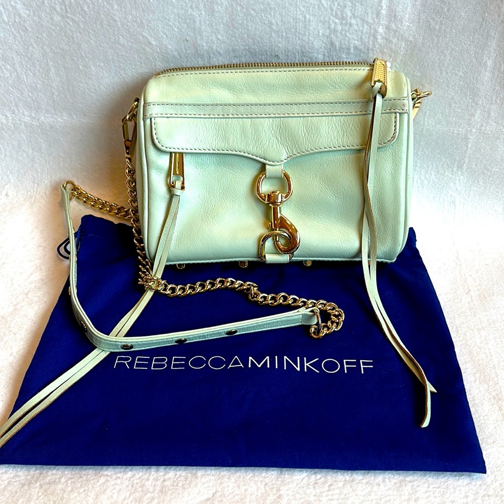 Rebecca MINKOFF Sherbet Green Leather Crossbody Purse Handbag with gold chain